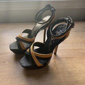 Alice + Olivia Lizabeth Black & Yellow Leather Platform High Heels Women's 37.5